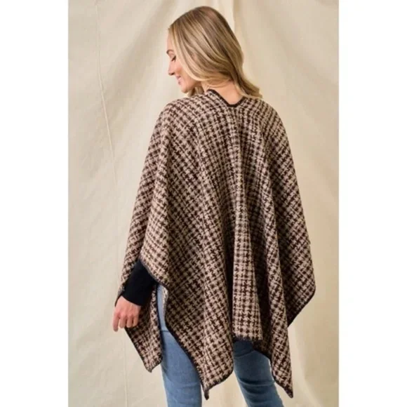 Mocha Brown Houndstooth Knit Shawl Open Poncho Wrap Casual Fall Winter One Size - Picture 4 of 6